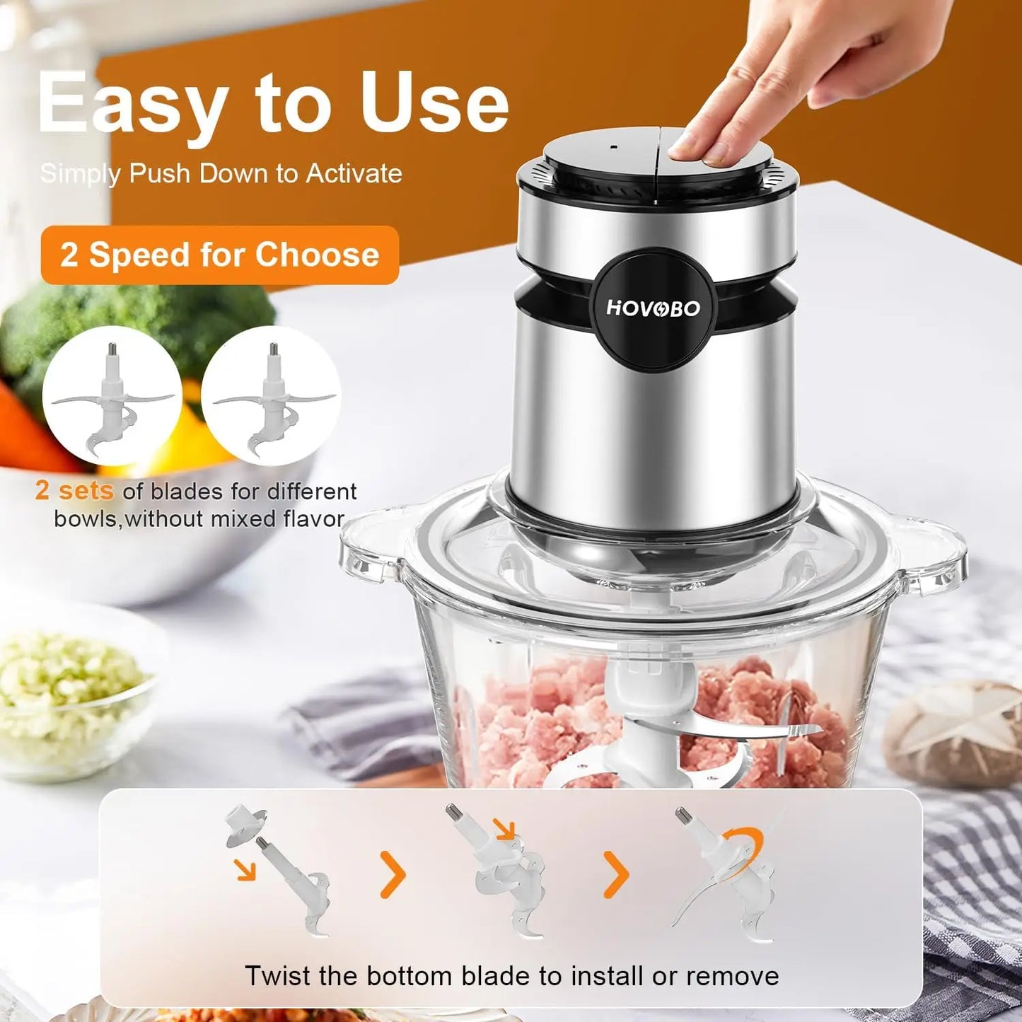 Stainless Steel Electric Food Processor with 4 Blades 2L Capacity 500W High Performance