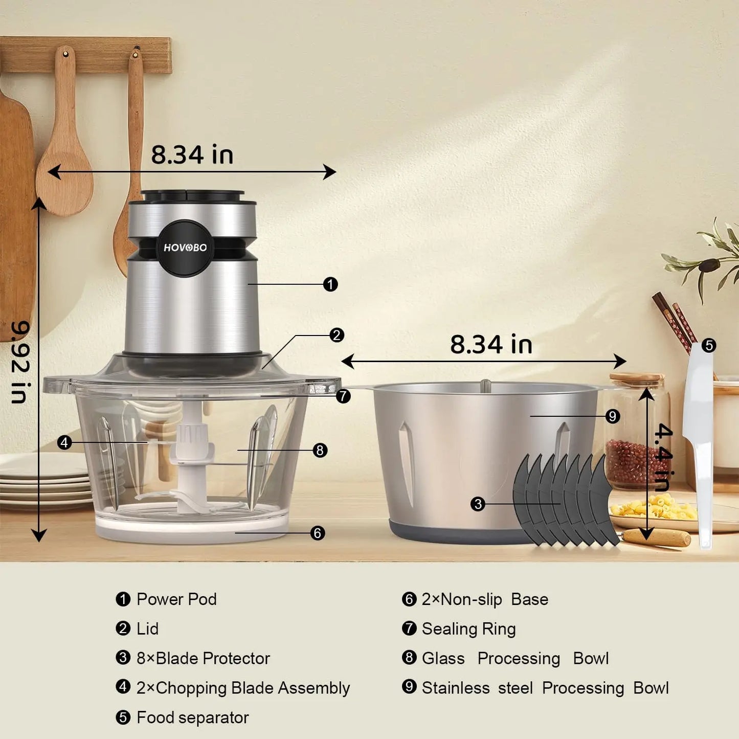 Stainless Steel Electric Food Processor with 4 Blades 2L Capacity 500W High Performance